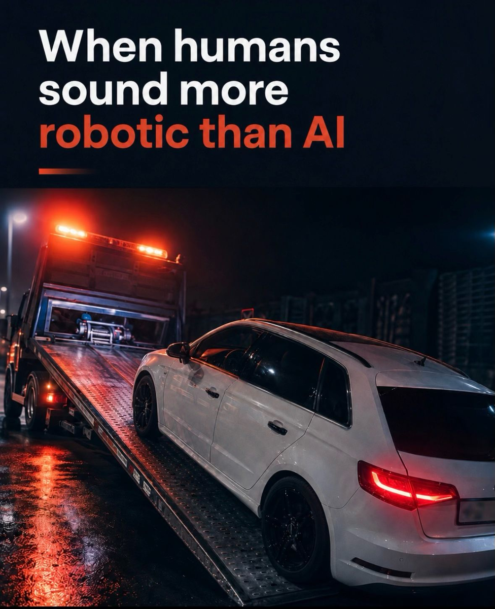 A white car on a tow truck at night beneath the words When humans sound more robotic than AI
