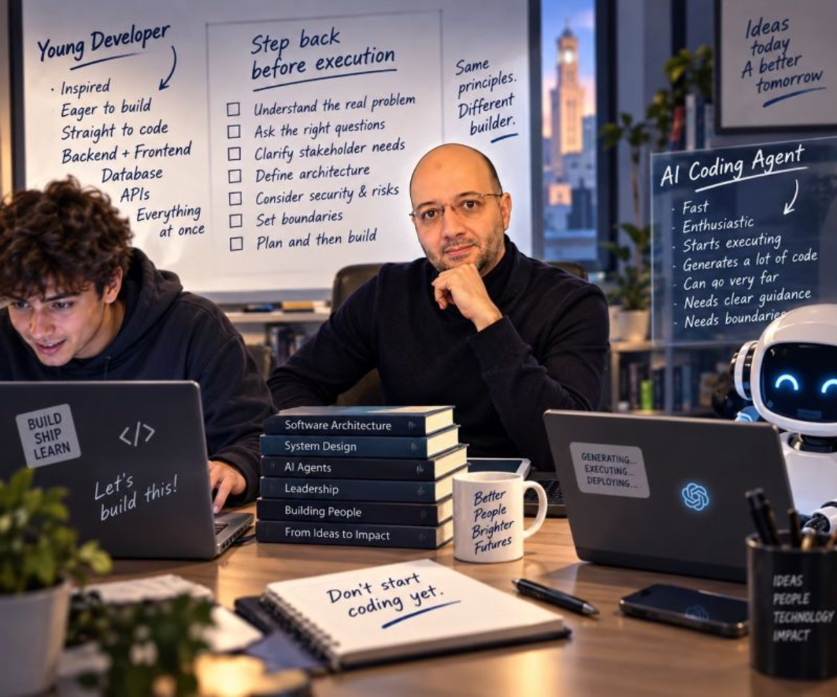 Otman at a desk between a young developer eager to code and an AI coding agent, with a whiteboard reading 'Step back before execution' and a notebook saying 'Don't start coding yet.'